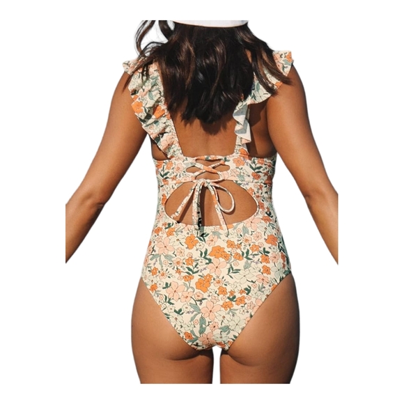 CUPSHE One Piece Swimsuit Ruffled Lace Up Monokini V-neck  Women S - Picture 4 of 6